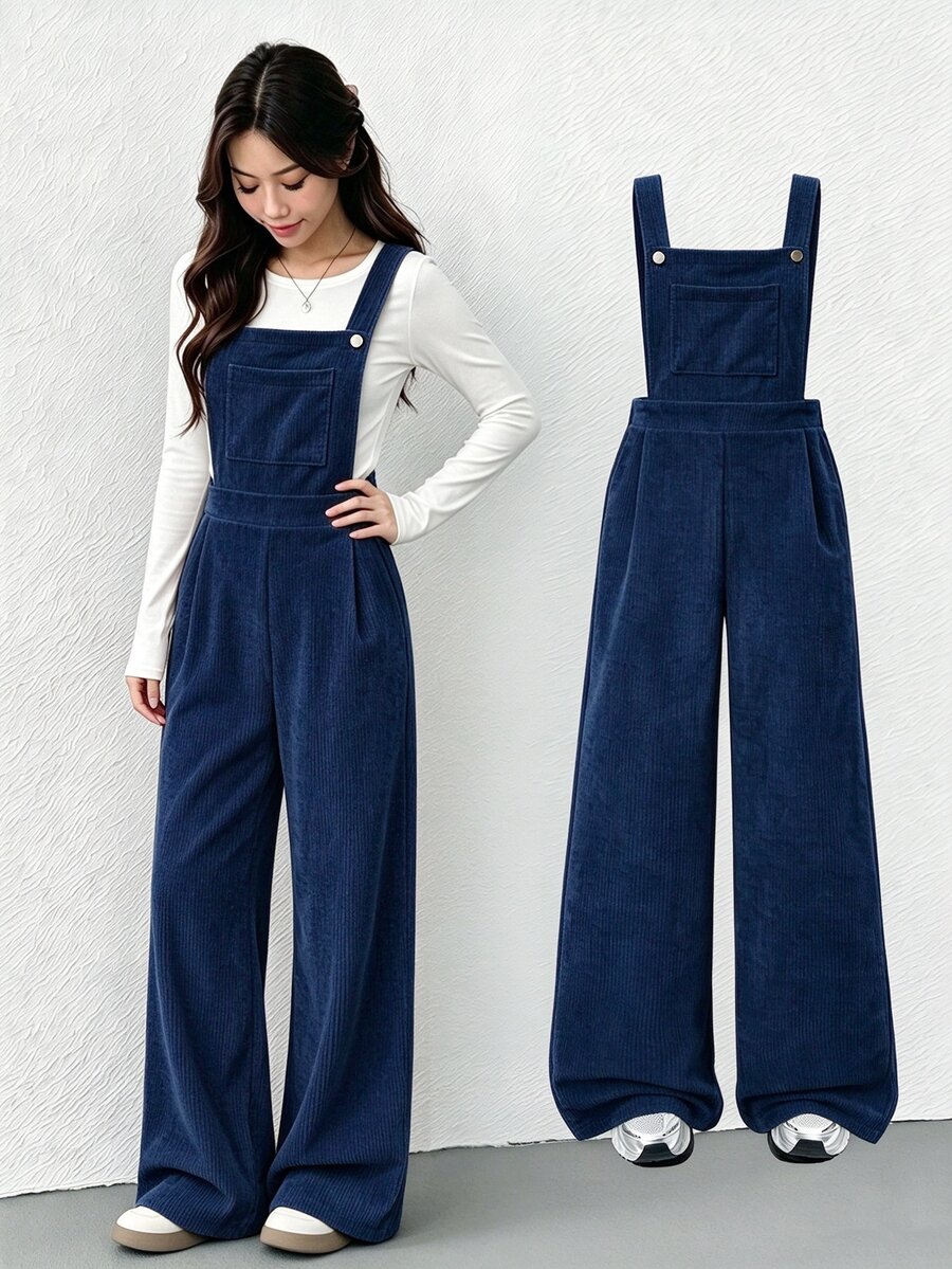 SHEIN 少女版抓絨秋季服飾 秋冬/冬季 羅紋燈芯絨 可調扣彈性腰連身褲,適合秋冬穿著,日常穿搭 - 彩色 - 查看 1