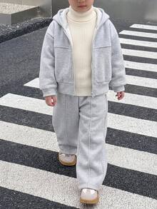 SHEIN Kids 2 Pieces Young Boys College Style Outfits,Comfortable Thick Cardigan Sweater Autumn Coat,Y2k,Holiday,Birthday Boy,Lmoss Kids,Kids Wedding Guest - Grey - View 3
