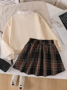 SHEIN 青少年女孩秋季套裝 2件/套 黑白配色 2合1領口上衣與條紋格紋A字迷你裙套裝 - 棕色 - 查看 2