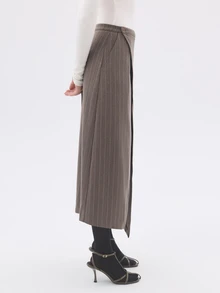 KÆRIA Hus Asym Wrap-Front Midi Skirt - Compact Tailoring - Taupe Pinstripe - Workwear, Front Split, Stripe - Brown - View 3