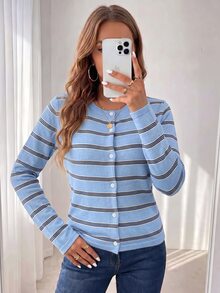 SHEIN LUNE 女款休閒法式教師節返校早午餐日常辦公商務穿搭外套 秋季米色針織上衣 早午餐米色秋季外出穿搭 - 淺藍色 - 查看 5