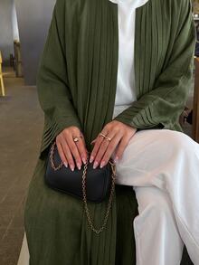 Yasmyna Elegant Round Neck Olive Green, Exquisite Pleated Patchwork Front Center Long Sleeve Raglan Sleeve, Large Flare Women's Arabic Abaya, Suitable For Home Daily, Date And Vacation. - Olive Green - View 4