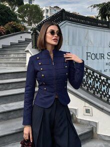 Lavishia 女款優雅雙排扣淺卡其色前拉鍊拿破崙/軍裝夾克，秋季穿搭，鄉村音樂會服飾，拿破崙夾克，哥德風，秋季 - 藏蓝色 - 查看 2
