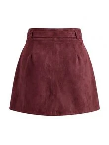 SHEIN Clasi 女款純色A字直筒高腰附腰帶裙 - 酒紅色 - 查看 2
