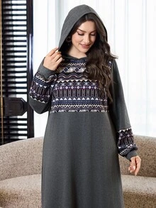 Al Najma Plus Size Women's Colorblock Casual Everyday Hooded Dress - Dark Grey - View 7
