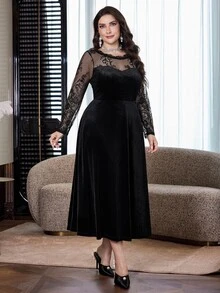 Modelyn Plus Size Women's Lace Patchwork Casual Party Dress - Black - View 4