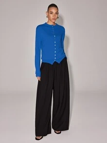 Anewsta Essential Cardigan Rajut Lengan Panjang Ringan Wanita Warna Merah Terang, Kerah Bulat, Kancing Kecil, Potongan Ramping, Serbaguna untuk Perjalanan Sehari-hari - Biru - View 2