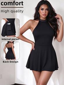 Slayform Slayform Women's Lace Patchwork Casual Daily Halter Neck Sports Dress - Black - View 1
