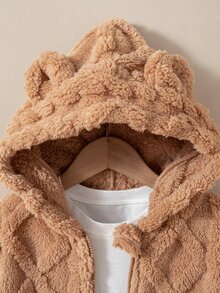 SHEIN 1件女款極簡柔美風 3D 粗繩編織紋理毛絨布料連帽拉鍊長袖短夾克，寬鬆落肩版型，羅紋袖口，厚實質感，休閒外套，適合日常穿著與假期出遊，簡約經典，冬季完美穿搭 - 棕色 - 查看 9