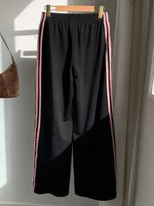 SHEIN EZwear 女款休閒 95% 棉粉色拼色條紋寬腿運動長褲，適合夏季、秋季、冬季穿著，黑色寬腿褲 - 彩色 - 查看 2