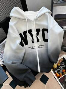 Resyla 女款大尺碼外套上衣，秋冬新款，字母印花，灰黑漸層色，大尺碼拉鍊夾克 - 彩色 - 查看 1