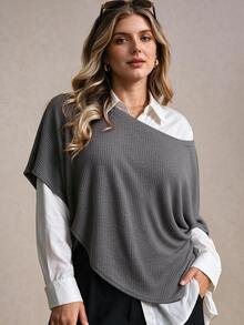 Easura Women's Plus Size Autumn/Winter Single Piece Asymmetrical Shoulder Ribbed Knit Loose Shawl Cover Up, Minimalist Old Money Style Commuter Layering Top - Dark Grey - View 4