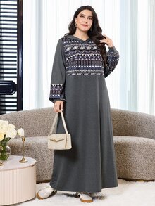 Al Najma Plus Size Women's Colorblock Casual Everyday Hooded Dress - Dark Grey - View 1