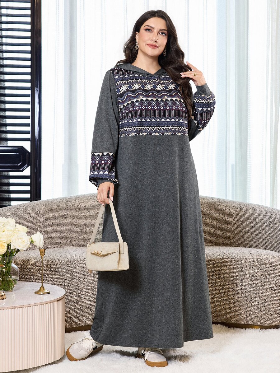 Al Najma Plus Size Women's Colorblock Casual Everyday Hooded Dress - Dark Grey - View 1
