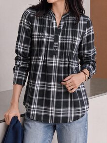 Yumoku Kemeja Kasual Serbaguna Wanita Motif Kotak-kotak untuk Sehari-hari - Hitam dan Putih - View 4