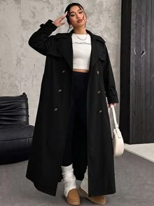 SHEIN Clasi 大尺碼時尚雙排扣多功能口袋長袖風衣，秋季辦公正式牛仔風優雅商務休閒簡約風，酒紅色 - 黑色 - 查看 10
