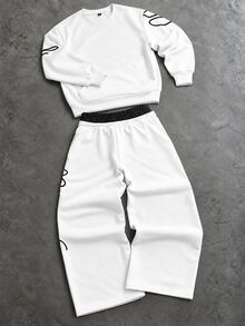 Manfinity Hypemode Men's Letter Print Sweatshirt & Sweatpants Set - White - View 2