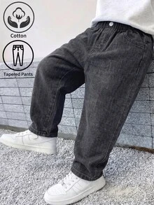 SHEIN Vintaside Kids 男童牛仔長褲，四季新款，時尚休閒，灰色水洗牛仔，彈性腰帶，結合牛仔磨損水洗工藝，錐形褲管剪裁，柔軟舒適面料，百搭日常穿著，適合日常外出、聚會、旅行等多種場合，四季新款男童牛仔長褲 - 灰色 - 查看 1