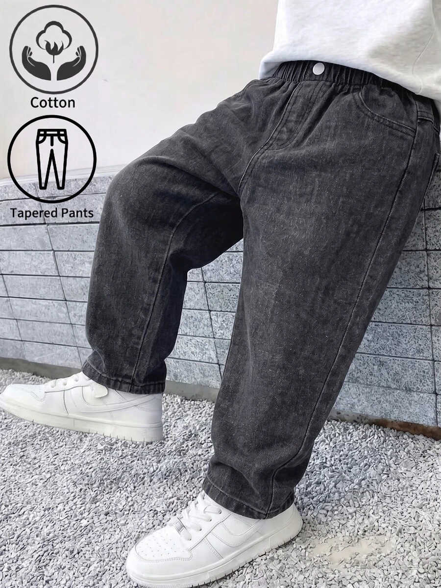 SHEIN Vintaside Kids 男童牛仔長褲,四季新款,時尚休閒,灰色水洗牛仔,彈性腰帶,結合牛仔磨損水洗工藝,錐形褲管剪裁,柔軟舒適面料,百搭日常穿著,適合日常外出、聚會、旅行等多種場合,四季新款男童牛仔長褲 - 灰色 - 查看 1