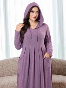 Veilorie Plus Size Women's Solid Color Casual Daily Hooded Dress - Purple - View 5