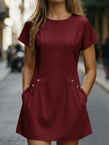 EMERY ROSE Gaun Mini Lengan Pendek Warna Polos Kasual Musim Panas Wanita, Cocok untuk Liburan Siang Hari di Kota, Perjalanan, Liburan, Kantor, Makan Siang, dan Kerja. - Burgundy - View 1