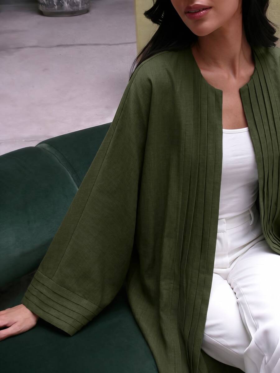 Yasmyna Elegant Round Neck Olive Green, Exquisite Pleated Patchwork Front Center Long Sleeve Raglan Sleeve, Large Flare Women's Arabic Abaya, Suitable For Home Daily, Date And Vacation. - Olive Green - View 1