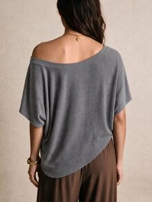 Easura Women's Plus Size Autumn/Winter Single Piece Asymmetrical Shoulder Ribbed Knit Loose Shawl Cover Up, Minimalist Old Money Style Commuter Layering Top - Dark Grey - View 2