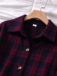 SHEIN 女童時尚休閒學院風寬鬆慵懶長袖中長版襯衫，適合日常穿著、秋季上衣、校園、外出、派對、聖誕，黑色與紅色 - 酒紅色 - 查看 5