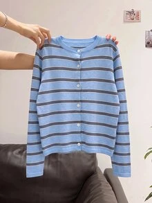SHEIN LUNE 女款休閒法式教師節返校早午餐日常辦公商務穿搭外套 秋季米色針織上衣 早午餐米色秋季外出穿搭 - 淺藍色 - 查看 4