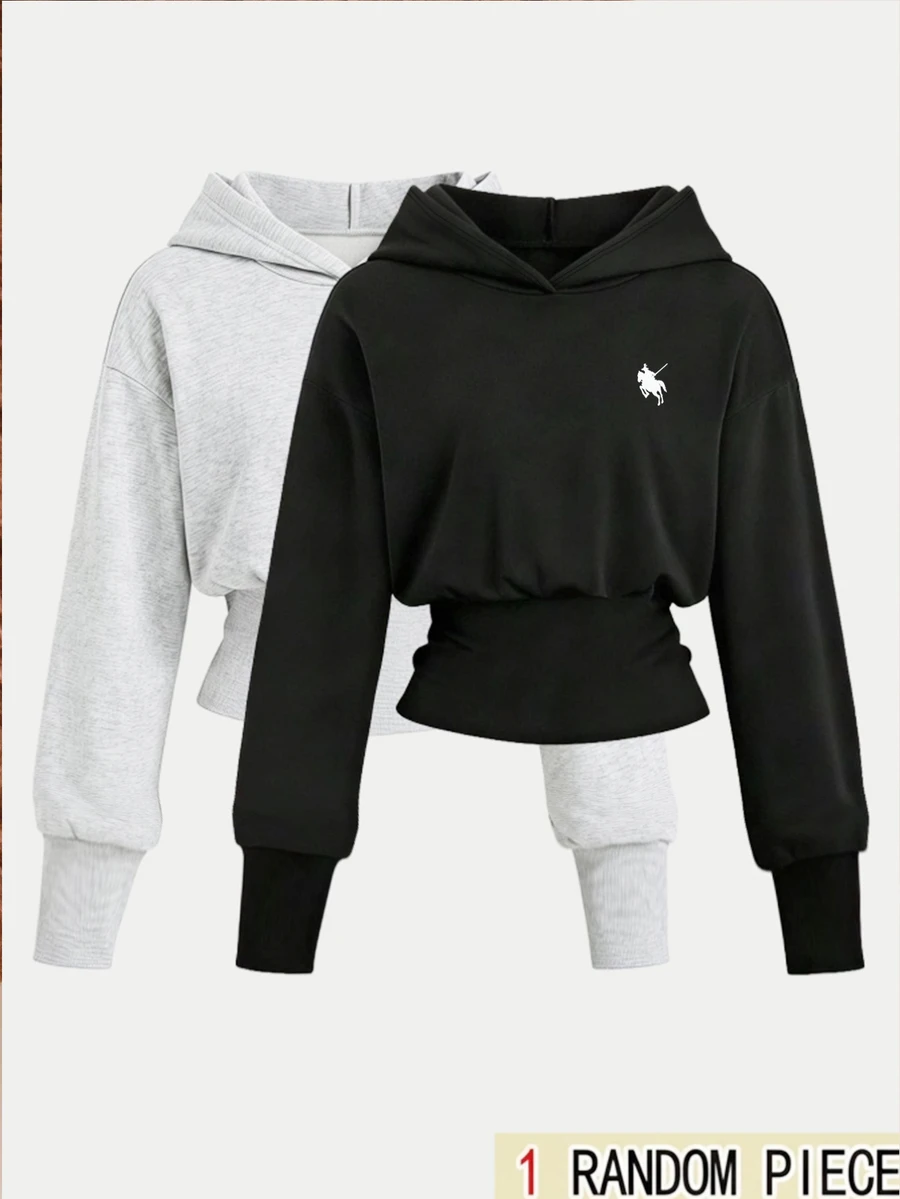 SHEIN Tween Girl Long Sleeve Hooded High Waist Black Sweatshirt Halloween Autumn Fall Style Fall Outfits - Black - View 1