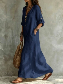 Linhara Autumn/Winter New Minimalist Versatile V-Neck Button-Down Single-Breasted Long Sleeve A-Line Dress, Fashion Slimming Figure-Flattering Plus Size Dress - Navy Blue - View 4