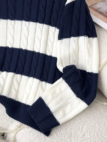 SHEIN Tween女孩現代藍白條紋海軍藍圓領毛衣，秋冬開學季學院風毛衣 - 藏蓝色 - 查看 6