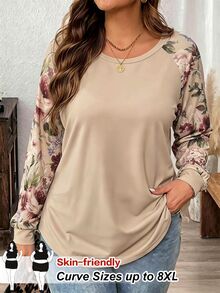 SHEIN CURVE+ Khaki Rose Print Plus Size Women's Casual Raglan Sleeve Crew Neck Loose Fit T-Shirt, Suitable For Spring And Autumn, Extra Large Full Print Raglan Sleeve T-Shirt - Multicolor - View 1