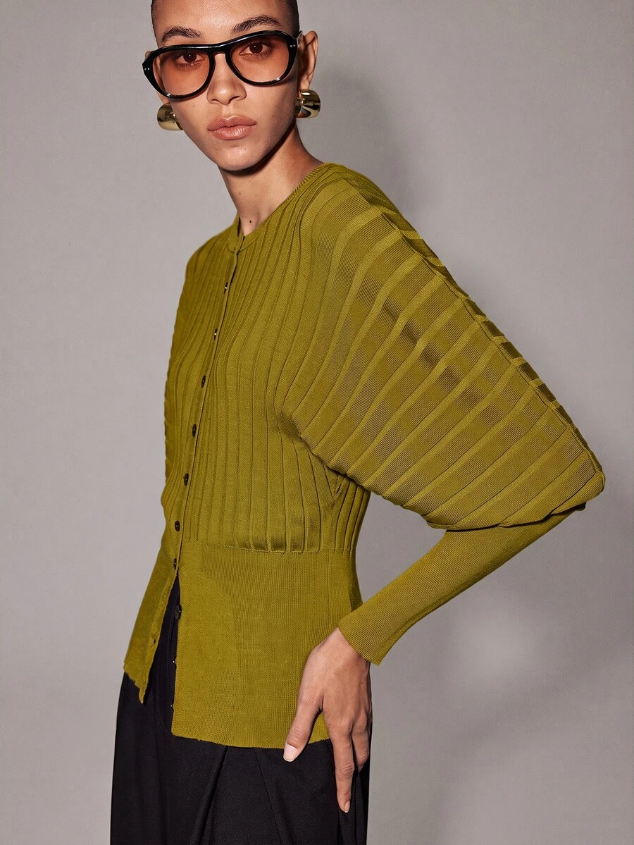 Anewsta Essential Cardigan Rajut Pendek Lengan Kelelawar Bergaris Biru Klein untuk Wanita, Atasan Luar Kasual Vintage Kancing Tunggal untuk Musim Semi dan Gugur - Mustard Yellow - View 1
