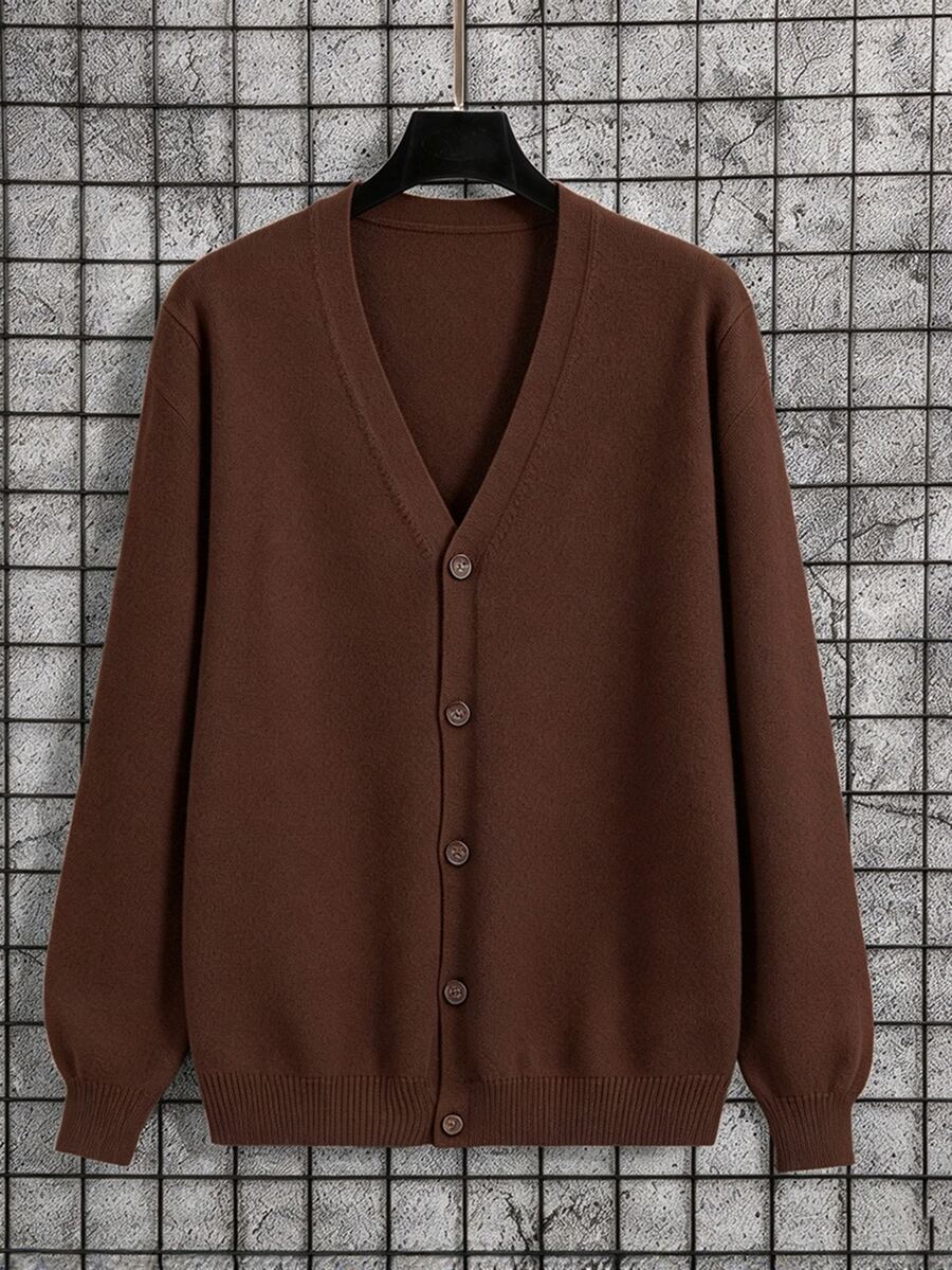 Manfinity Homme Men's Casual Long Sleeve V-Neck Button-Up Knitted Cardigan,Solid Color Camel Autumn Sweater For Graduation,Back-To-School,Daily Commute Brown Cardigan - Coffee Brown - View 1