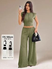 SHEIN Tall 素色短版針織背心寬腿針織長褲套裝，卡其色，適合早午餐、秋冬休閒，高個女性 - 綠色 - 查看 2