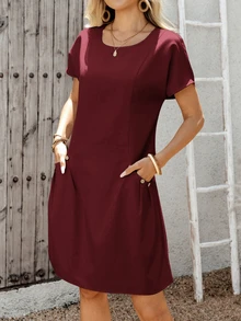 EMERY ROSE Gaun Mini Lengan Pendek Warna Polos Kasual Musim Panas Wanita, Cocok untuk Liburan Siang Hari di Kota, Perjalanan, Liburan, Kantor, Makan Siang, dan Kerja. - Burgundy - View 3