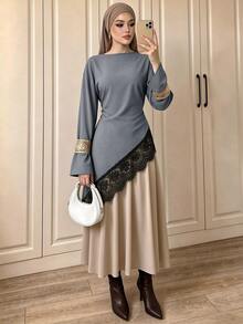 Celisse Women's Early Autumn New Loose Fit Asymmetrical Hem Lace Trim Long Sleeve Top - Grey - View 5