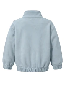 SHEIN Elladie kids 女款新中式國風青蛙鈕扣麂皮夾克，立領，對比色側條紋，彈性下擺，休閒復古運動短版上衣，春秋款 - 藍色 - 查看 2