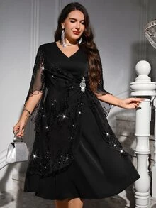 Reflora Plus Contrast Sequin Mesh Overlay Dress Fall - Black - View 1