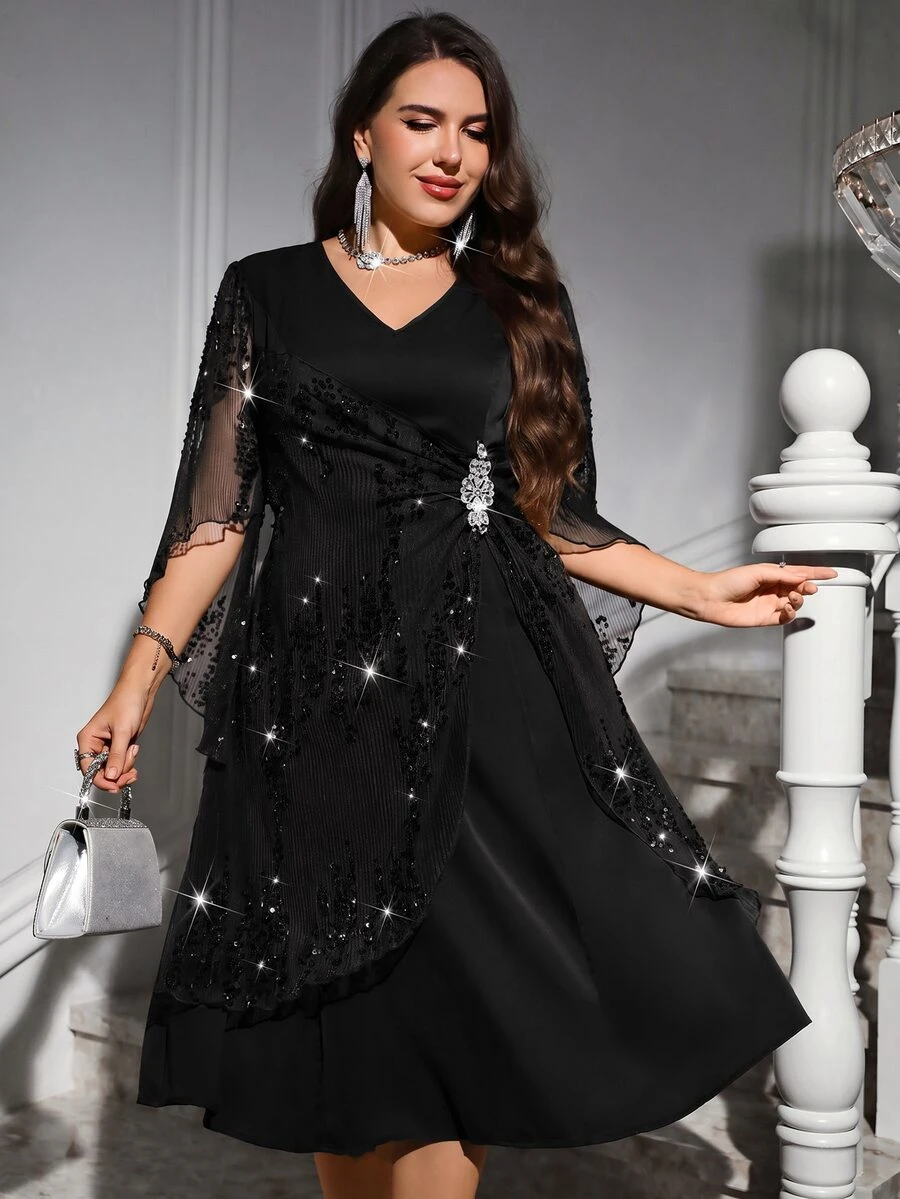 Reflora Plus Contrast Sequin Mesh Overlay Dress Fall - Black - View 1