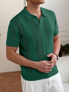 Manfinity Homme Old Money 男士短袖半拉鍊針織 Polo 衫，深棕色夏季休閒正裝商務日常針織上衣，男士休閒針織上衣針織襯衫 - 墨綠色 - 查看 7