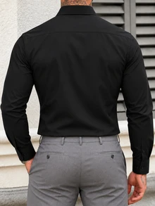 Manfinity Mode Men's Business Casual Wrinkle-Resistant Fabric Front Panel Patchwork Design Long Sleeve Shirt - Black - View 2