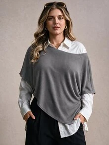 Easura Women's Plus Size Autumn/Winter Single Piece Asymmetrical Shoulder Ribbed Knit Loose Shawl Cover Up, Minimalist Old Money Style Commuter Layering Top - Dark Grey - View 3