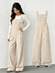 SHEIN 青少年女孩抓絨秋季服飾 秋冬羅紋燈芯絨可調節扣彈性腰連身褲，適合秋冬日常穿著 - 杏色 - 查看 1