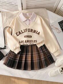 SHEIN 青少年女孩秋季套裝 2件/套 黑白配色 2合1領口上衣與條紋格紋A字迷你裙套裝 - 棕色 - 查看 1