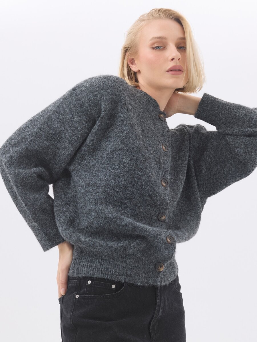 KÆRIA Hus Crew-Neck Button-Front Cardigan - Textured Knit - Charcoal Marle - Button-Up, Layering, Ribbed Trims - Dark Grey - View 1