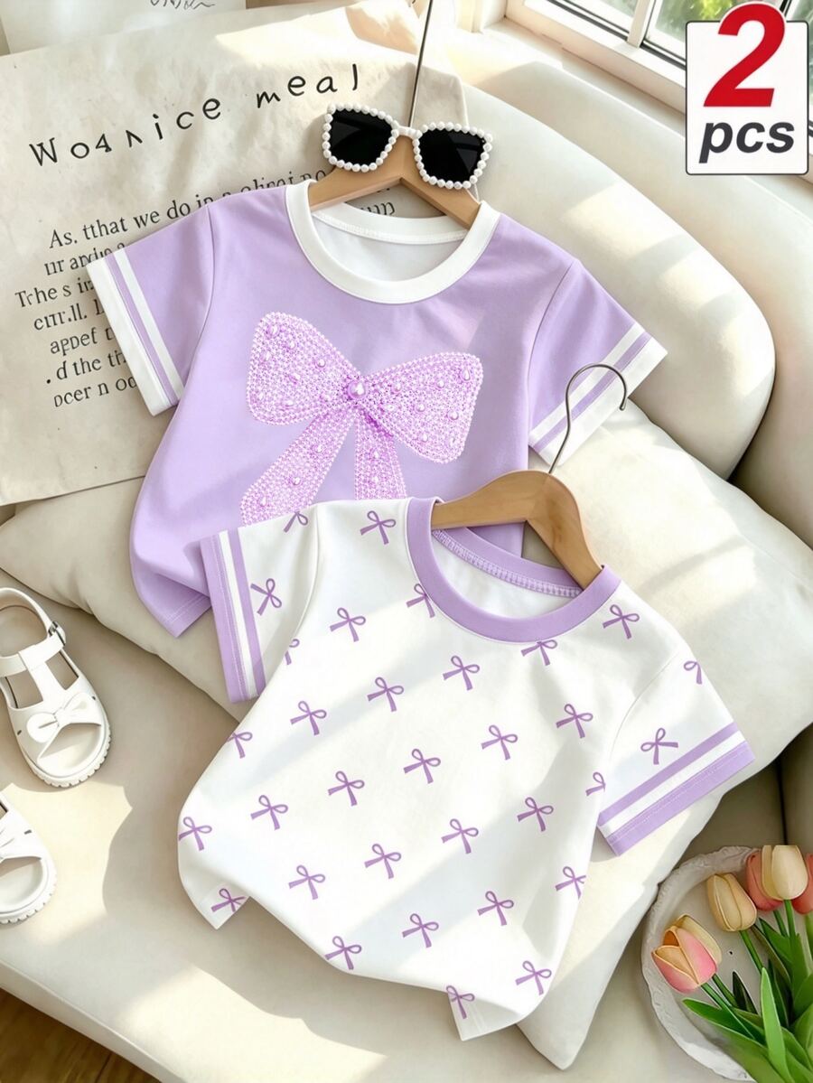 2pcs Girls' Big Bow Print Purple T-Shirt And Bow Print White T-Shirt, Comfortable Summer Casual Sweet Style Tops Suitable For Spring, Summer, Autumn Daily Wear, Fashionable Cute Street Style Girls' Tops Suitable For All Seasons - White - View 1