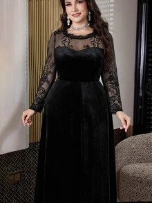 Modelyn Plus Size Women's Lace Patchwork Casual Party Dress - Black - View 1