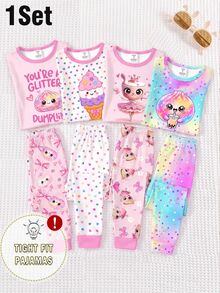 Young Girls Pajamas New Cute Bun Colorful Print Knitted High Elastic Round Neck Top With All-Over Colorful Polka Dot Pattern Long Pants Casual 2 Pieces Set Home Wear.1Set Cute Sweet Style Snug Fit - Multicolor - View 1